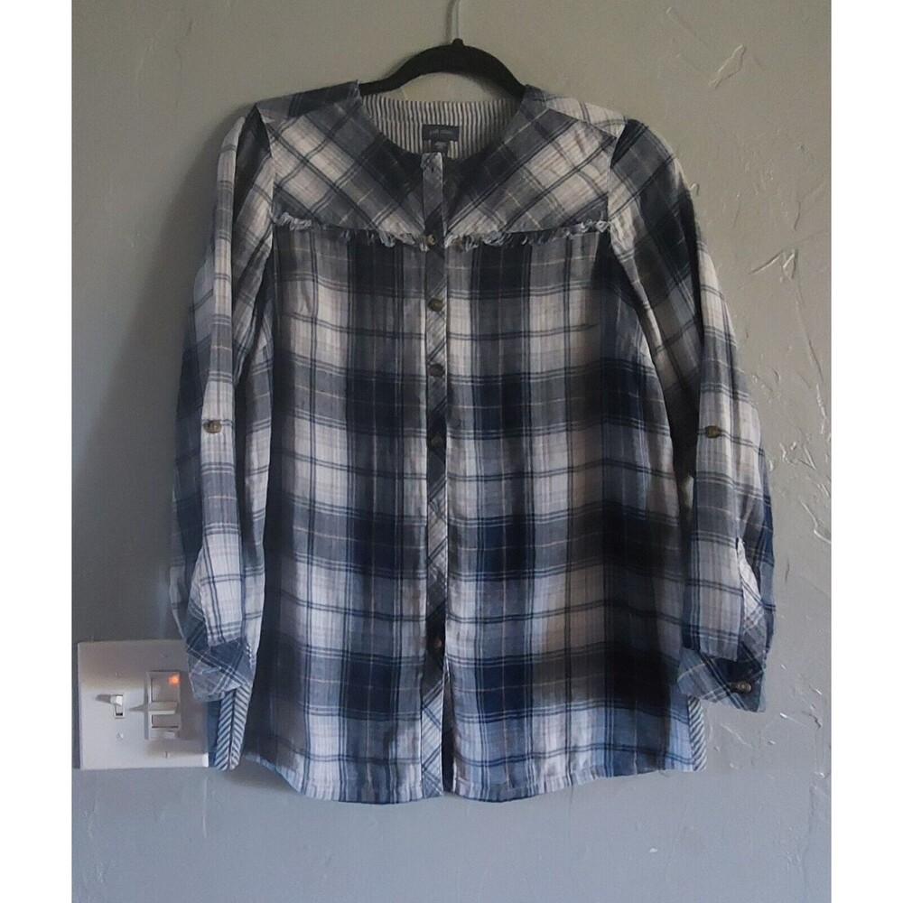 J. Jill Denim,Cotton Plaid Fringed Tunic  XS Petite Roll-Tab Sleeve,17 Inch Of A